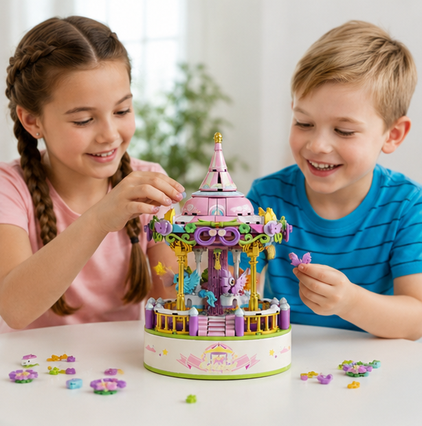 Carousel Music Box Building Blocks – Creative Amusement Park Construction Toy for Collectors, Home Display, Educational Play and Memorable Holiday Gifts