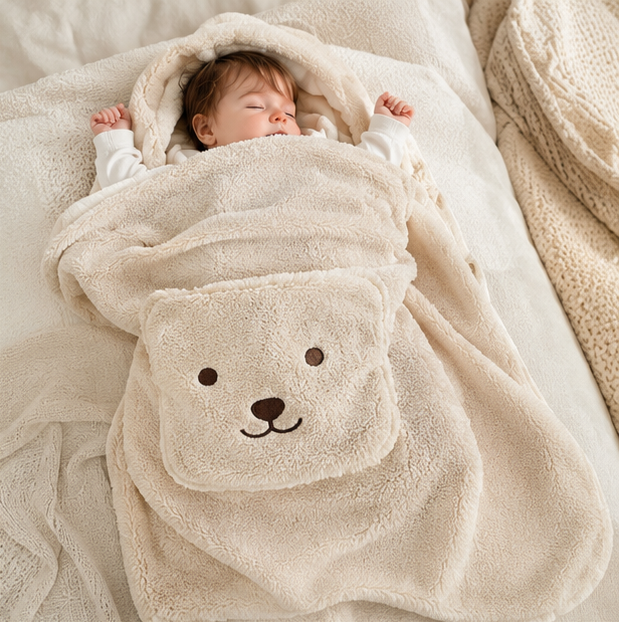 Cartoon Bear Baby Blanket – Plush Windproof Stroller Swaddle for Warm Travel Comfort and Newborn Care