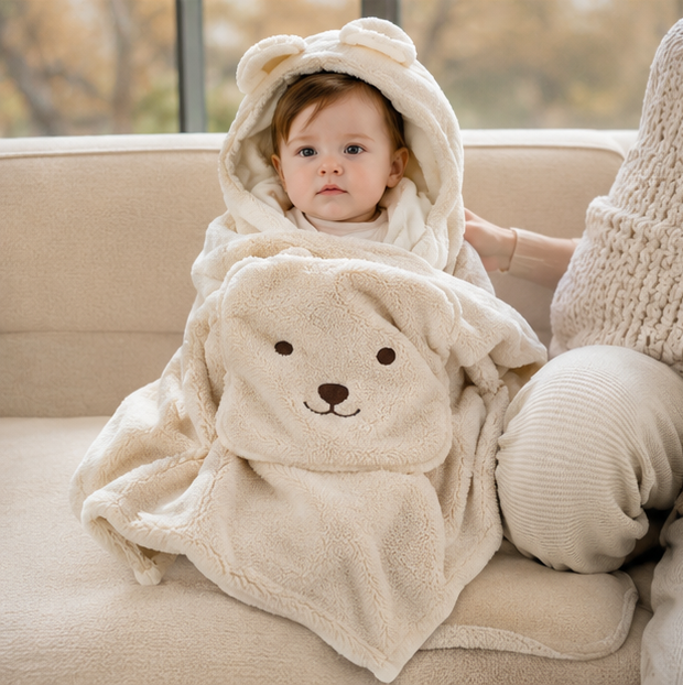 Cartoon Bear Baby Blanket – Plush Windproof Stroller Swaddle for Warm Travel Comfort and Newborn Care