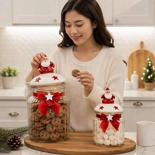 Christmas Glass Storage Jar – Food Grade Candy, Tea and Nut Container with Festive Design for Kitchen Holiday Organization