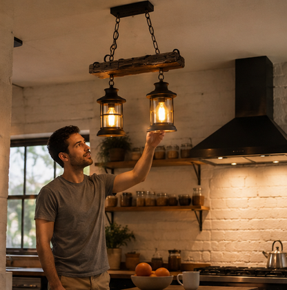 Vintage Wooden Pendant Lamp – Retro LED Hanging Chandelier for Farmhouse Kitchens, Bars, Restaurants and Loft Interior Lighting