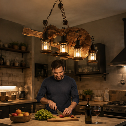 Vintage Wooden Pendant Lamp – Retro LED Hanging Chandelier for Farmhouse Kitchens, Bars, Restaurants and Loft Interior Lighting