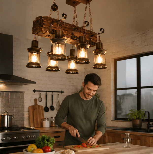 Vintage Wooden Pendant Lamp – Retro LED Hanging Chandelier for Farmhouse Kitchens, Bars, Restaurants and Loft Interior Lighting