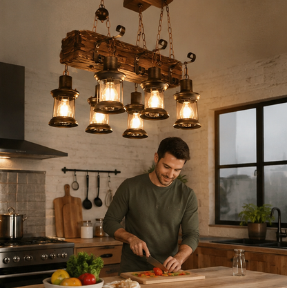 Vintage Wooden Pendant Lamp – Retro LED Hanging Chandelier for Farmhouse Kitchens, Bars, Restaurants and Loft Interior Lighting