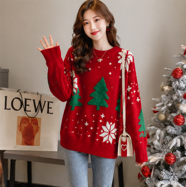 Color Block Christmas Sweater – Thick Knit Women’s Holiday Pullover with Snowflake Design, Cozy Korean Winter Fashion and Casual Comfort