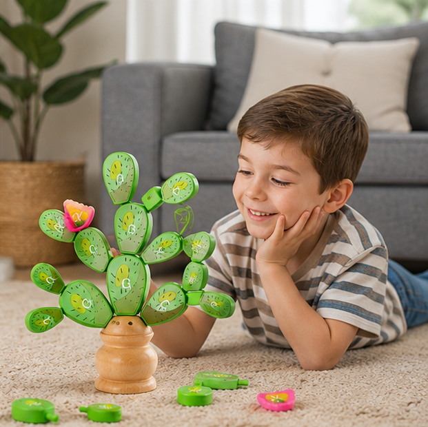 Montessori Cactus Letter Blocks - Wooden Educational Stacking Toy for Fine Motor Skills and Early Learning