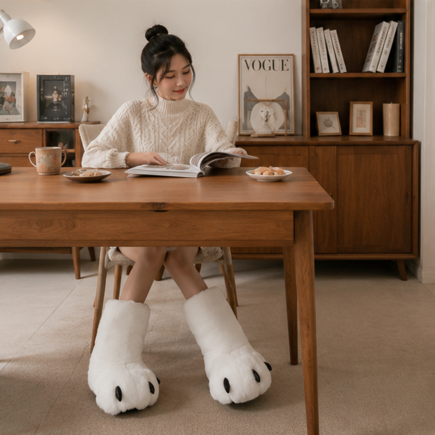 Women's Bear Paw Winter Boots - Plush High Top House Slippers for Cozy Indoor Warmth