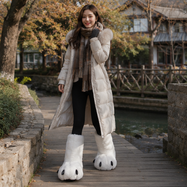 Women's Bear Paw Winter Boots - Plush High Top House Slippers for Cozy Indoor Warmth