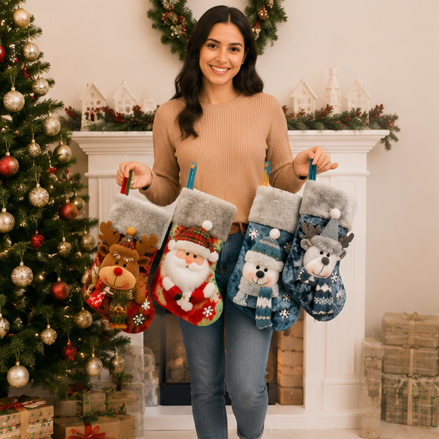 Christmas Character Gift Socks – Santa, Snowman and Reindeer Holiday Treat Bags for Christmas Parties, Gifts and Seasonal Decorations
