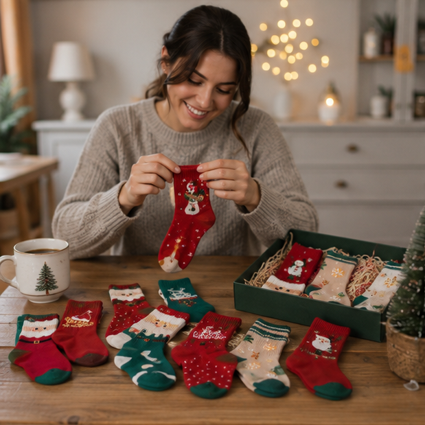 Christmas Cotton Socks Ornament Set – Santa and Reindeer Holiday Decorations for Kids, Adults, Trees and Gift Giving