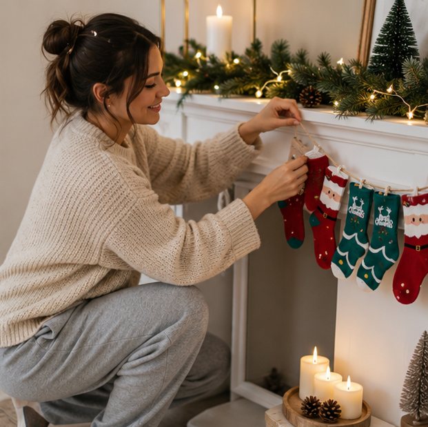 Christmas Cotton Socks Ornament Set – Santa and Reindeer Holiday Decorations for Kids, Adults, Trees and Gift Giving