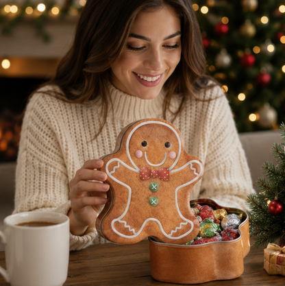 Christmas Gingerbread Candy Storage Box – Decorative Iron Treat Tin for Holiday Cookies, Sweets and Festive Home Decorations
