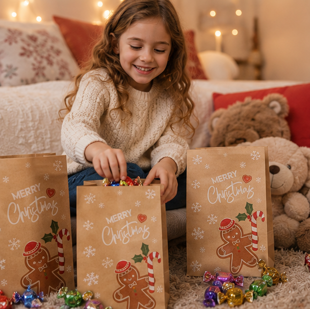 Christmas Kraft Gift Bags – Cookie and Biscuit Wrapping Paper Bags for Holiday Treats, Party Favors and Gift Packaging
