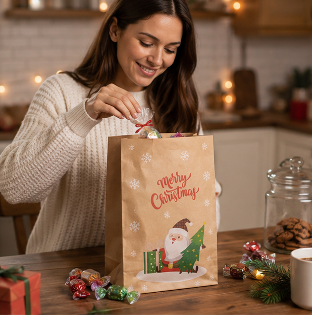 Christmas Kraft Gift Bags – Cookie and Biscuit Wrapping Paper Bags for Holiday Treats, Party Favors and Gift Packaging
