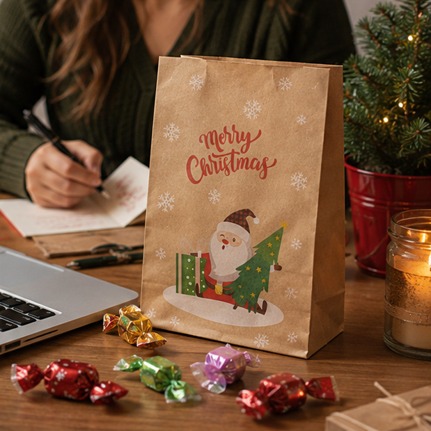 Christmas Kraft Gift Bags – Cookie and Biscuit Wrapping Paper Bags for Holiday Treats, Party Favors and Gift Packaging