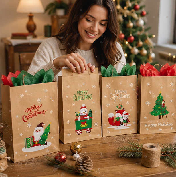 Christmas Kraft Gift Bags – Cookie and Biscuit Wrapping Paper Bags for Holiday Treats, Party Favors and Gift Packaging