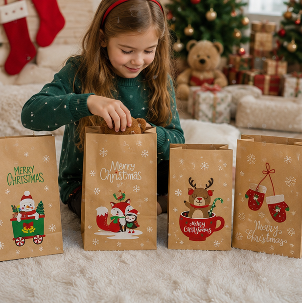Christmas Kraft Gift Bags – Cookie and Biscuit Wrapping Paper Bags for Holiday Treats, Party Favors and Gift Packaging