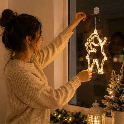 Christmas LED Window Hanging Lights – Battery Powered Santa and Snowflake Decorations for Festive Holiday Windows and Indoor Displays