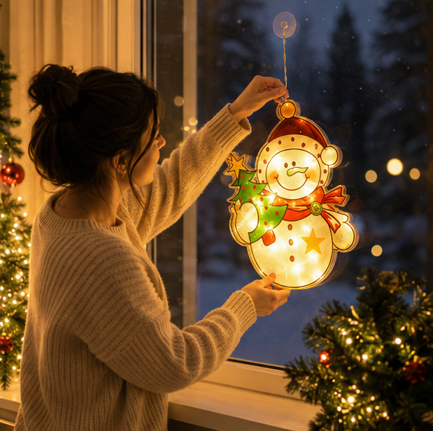 Christmas LED Window Lamp – Santa and Snowman Suction Light Decoration for Holiday Windows and New Year Displays