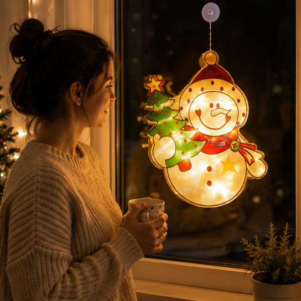 Christmas LED Window Lamp – Santa and Snowman Suction Light Decoration for Holiday Windows and New Year Displays