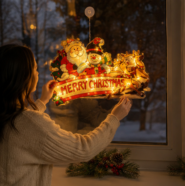 Christmas LED Window Lamp – Santa and Snowman Suction Light Decoration for Holiday Windows and New Year Displays