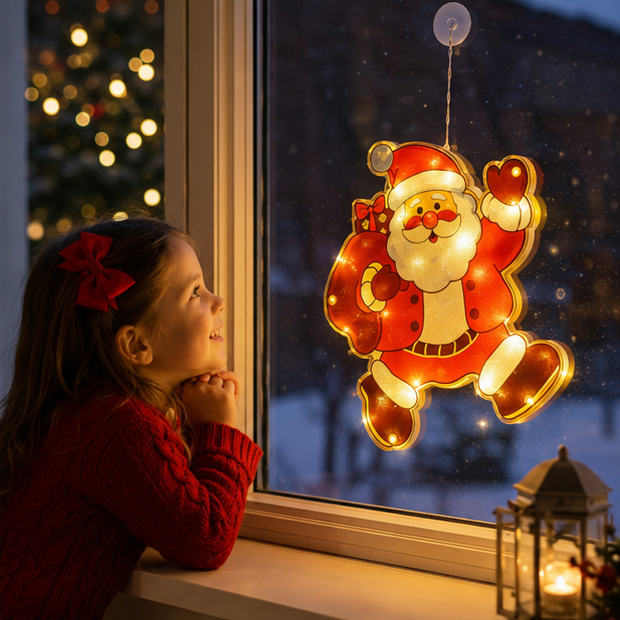 Christmas LED Window Lamp – Santa and Snowman Suction Light Decoration for Holiday Windows and New Year Displays