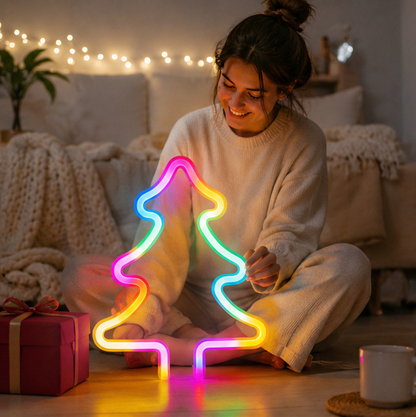 Christmas Neon Sign Light-Colorful LED Holiday Wall Decor with Socks Trees Snowflakes and Festive Party Ambience