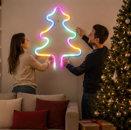 Christmas Neon Sign Light-Colorful LED Holiday Wall Decor with Socks Trees Snowflakes and Festive Party Ambience