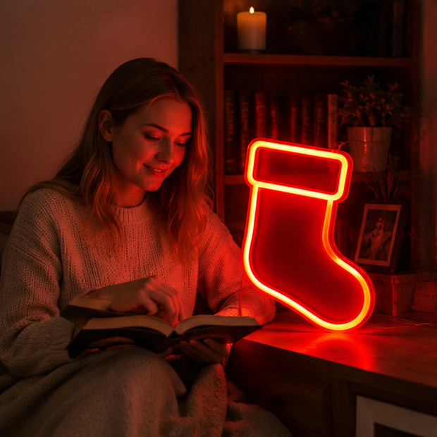 Christmas Neon Sign Light-Colorful LED Holiday Wall Decor with Socks Trees Snowflakes and Festive Party Ambience