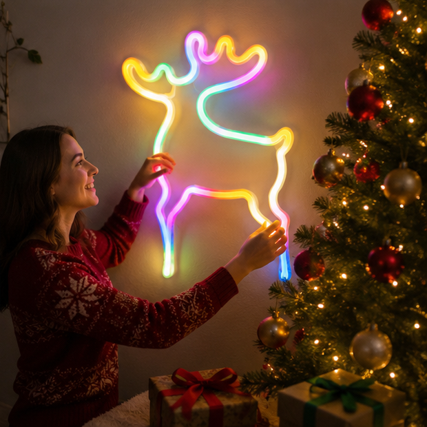 Christmas Neon Sign Light-Colorful LED Holiday Wall Decor with Socks Trees Snowflakes and Festive Party Ambience