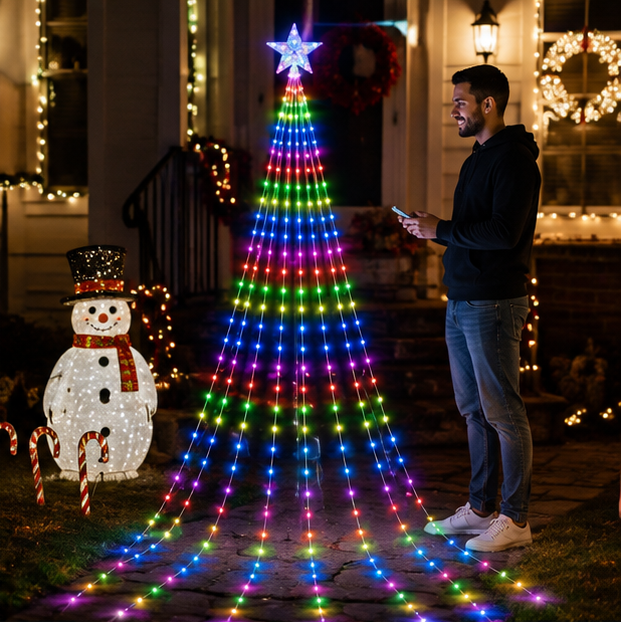 Christmas Waterfall Star Lights – USB Fairy String Lights with Eight Modes for Indoor Outdoor Holiday Decor