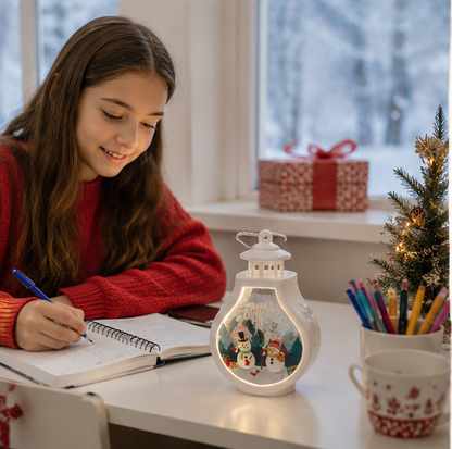 Christmas Wind Lamp Lantern – Portable Candle Style Holiday Table Light with Santa, Snowman and Reindeer Design