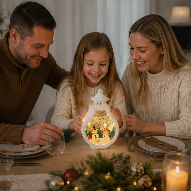 Christmas Wind Lamp Lantern – Portable Candle Style Holiday Table Light with Santa, Snowman and Reindeer Design
