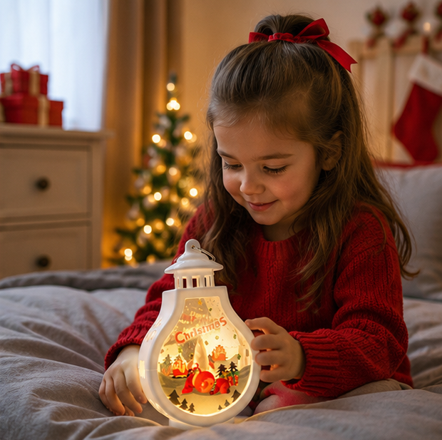 Christmas Wind Lamp Lantern – Portable Candle Style Holiday Table Light with Santa, Snowman and Reindeer Design