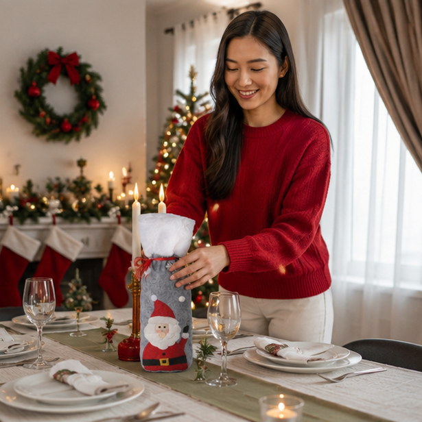 Christmas Wine Bottle Cover Set – Reusable Festive Santa Bottle Sleeves for Holiday Table Decor, Parties and Gift Presentation