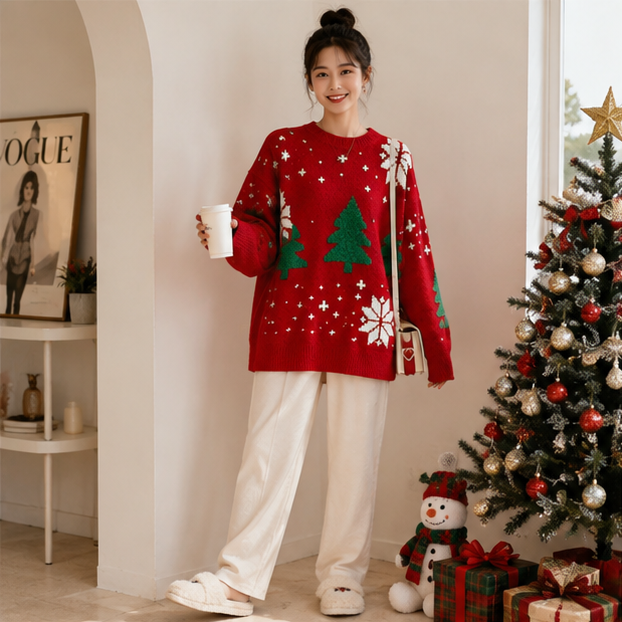 Color Block Christmas Sweater – Thick Knit Women’s Holiday Pullover with Snowflake Design, Cozy Korean Winter Fashion and Casual Comfort
