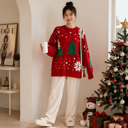 Color Block Christmas Sweater – Thick Knit Women’s Holiday Pullover with Snowflake Design, Cozy Korean Winter Fashion and Casual Comfort