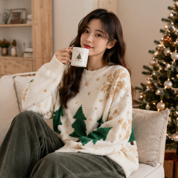 Color Block Christmas Sweater – Thick Knit Women’s Holiday Pullover with Snowflake Design, Cozy Korean Winter Fashion and Casual Comfort