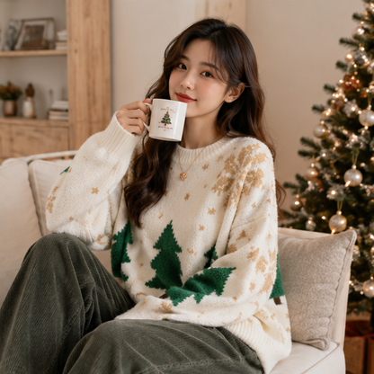 Color Block Christmas Sweater – Thick Knit Women’s Holiday Pullover with Snowflake Design, Cozy Korean Winter Fashion and Casual Comfort
