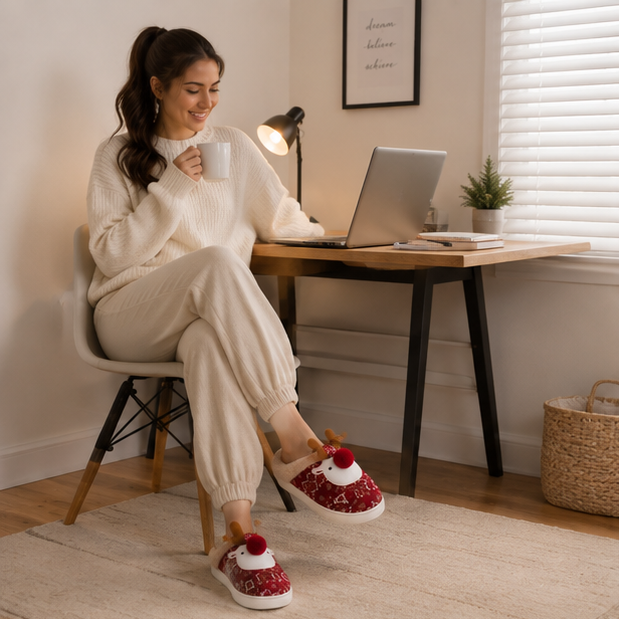 Cute Christmas Deer Slippers – Women's Plush Cotton House Shoes with Non Slip Sole for Warm Indoor Winter Comfort