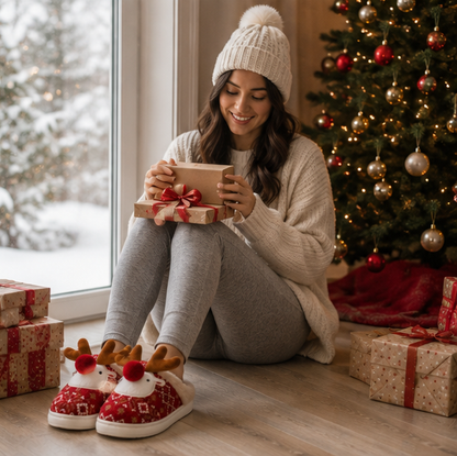 Cute Christmas Deer Slippers – Women's Plush Cotton House Shoes with Non Slip Sole for Warm Indoor Winter Comfort