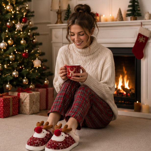 Cute Christmas Deer Slippers – Women's Plush Cotton House Shoes with Non Slip Sole for Warm Indoor Winter Comfort