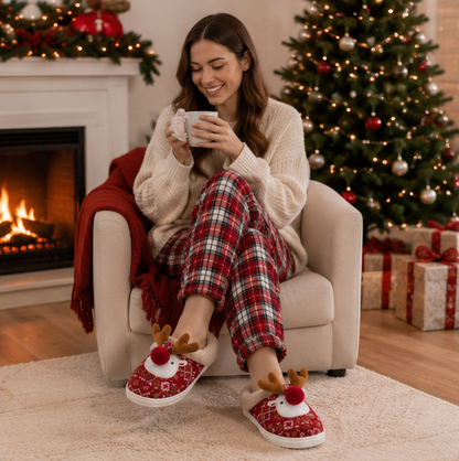 Cute Christmas Deer Slippers – Women's Plush Cotton House Shoes with Non Slip Sole for Warm Indoor Winter Comfort
