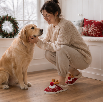 Cute Christmas Deer Slippers – Women's Plush Cotton House Shoes with Non Slip Sole for Warm Indoor Winter Comfort