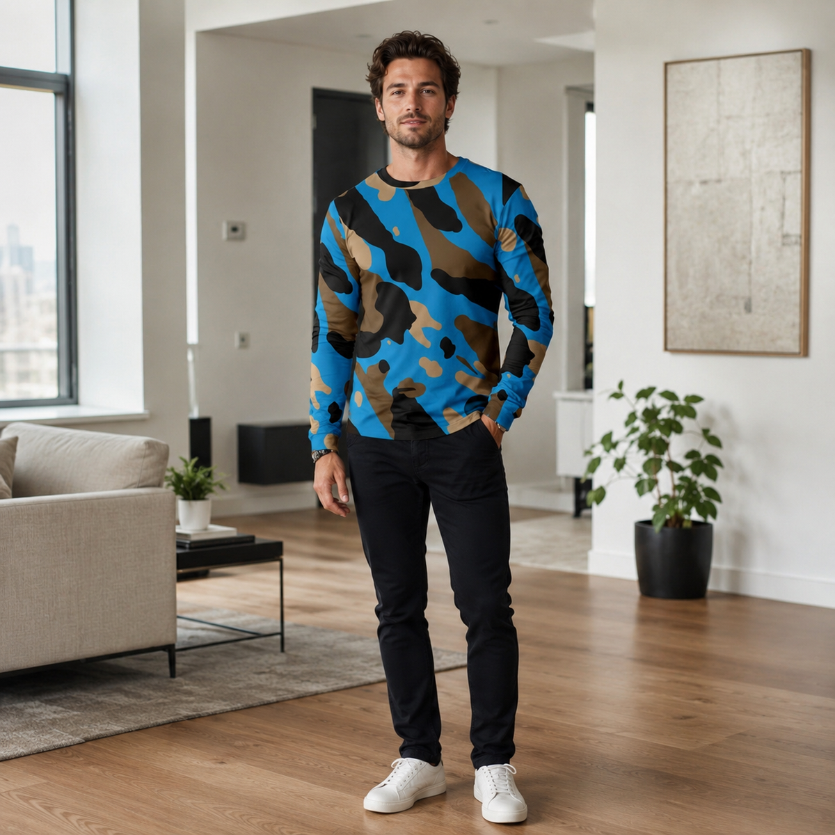 Men's Patchwork Denim Shirt - Vintage Inspired Long Sleeve Button Top with Stylish Grid Print Design