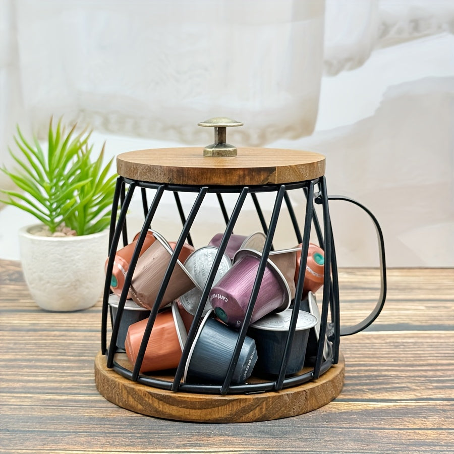 Mug-Shaped Coffee Pod Holder – Metal Capsule Storage Basket with Wooden Lid for Kitchen Countertops, Coffee Stations and Decorative Organization