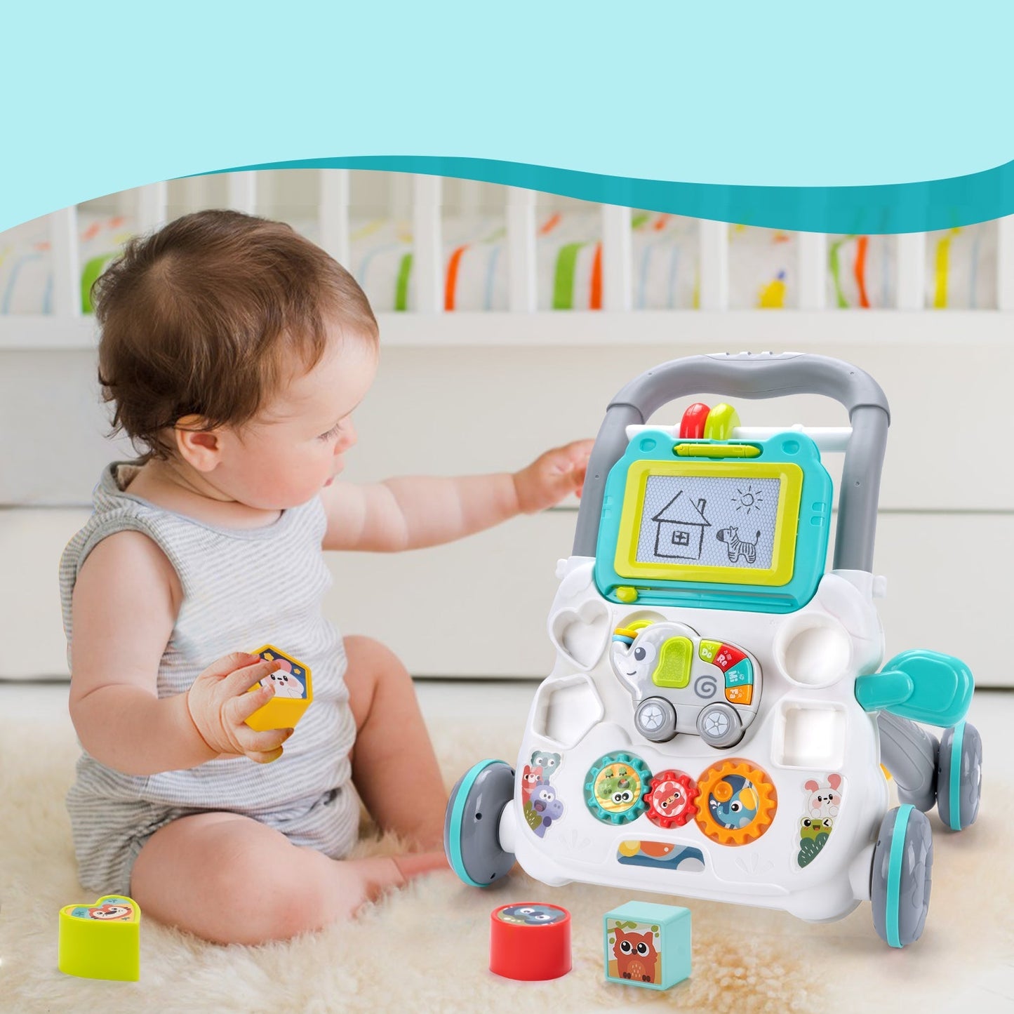 Baby Push Walker Activity Center - Multifunction Learning Walker with Music and Drawing Board for Toddler Development