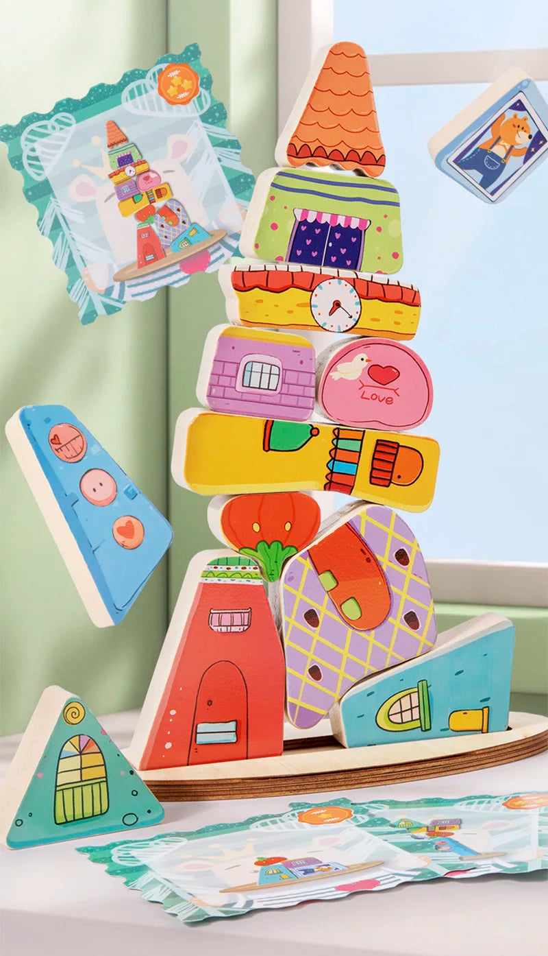 Wooden House Stacking Puzzle - Montessori Balance Game for Fine Motor Skills and Educational Learning