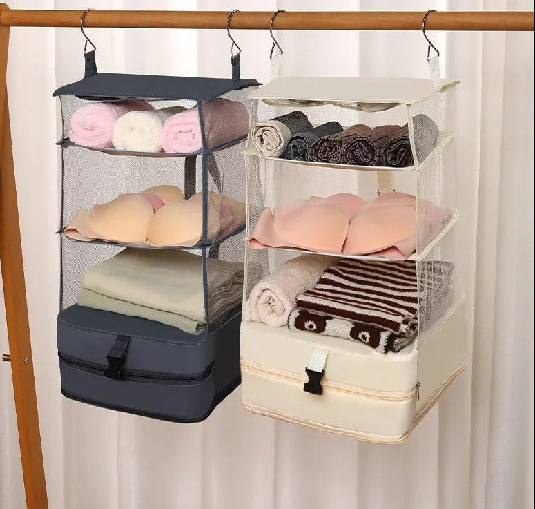 Foldable Hanging Closet Organizer – Portable 3 Shelf Storage Bag for Travel Luggage, Wardrobe and Space Saving Clothing Organization