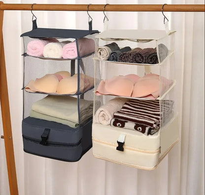 Foldable Hanging Closet Organizer – Portable 3 Shelf Storage Bag for Travel Luggage, Wardrobe and Space Saving Clothing Organization